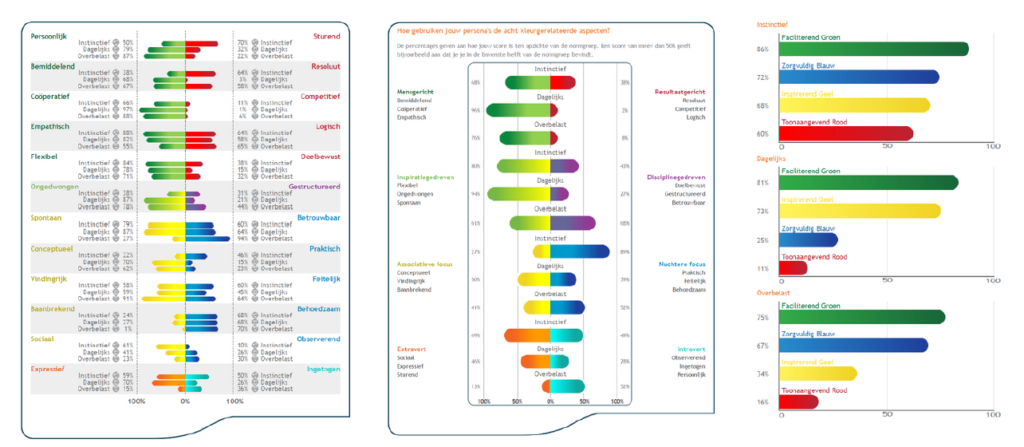 Het Lumina Spark profiel toon scores voor 24 eigenschappen, 8 aspecten en 4 kleuren, telkens in de 3 persona's (instinctief, dagelijks en overbelast).